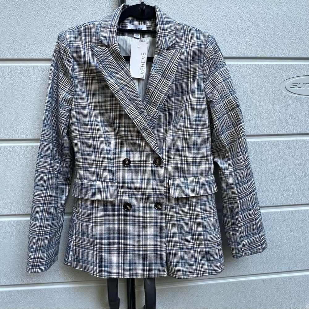 Evereve Ivy Blazer Plaid NEW with Tags Small Academia Office Business Blue - Picture 3 of 10